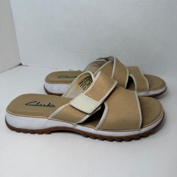 Clarks Adjustable Open Toe Slip On Canvas Sandals Women's Size 8 - Picture 1 of 9